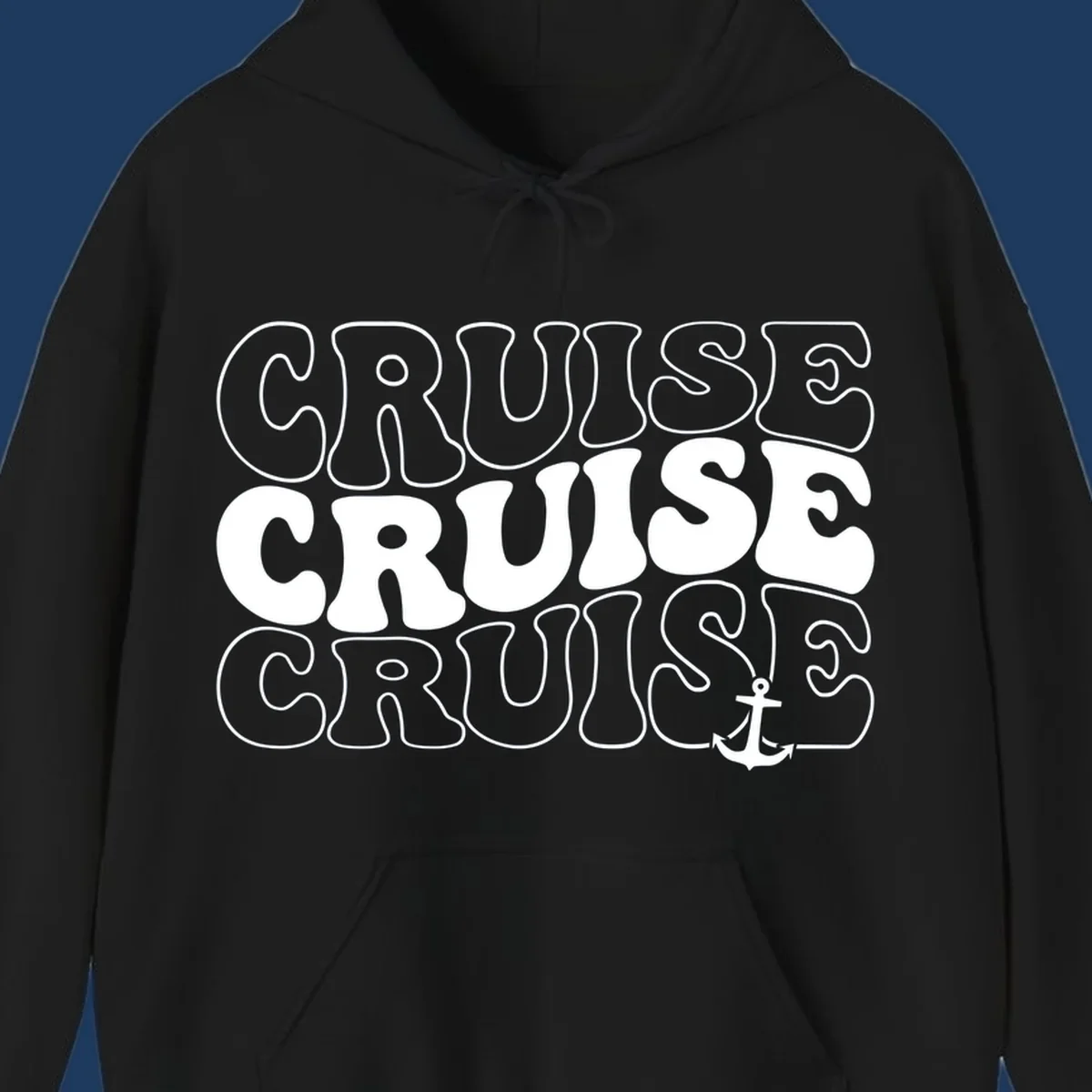 Bold white outlined 'CRUISE' text repeated three times with a white anchor icon on gray background, nautical cruise design.