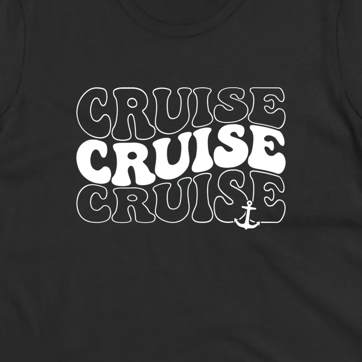 Bold white outlined 'CRUISE' text repeated three times with a white anchor icon on gray background, nautical cruise design.