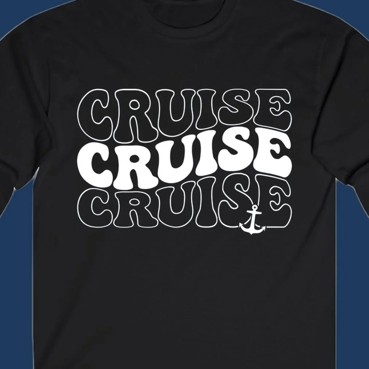 Bold white outlined 'CRUISE' text repeated three times with a white anchor icon on gray background, nautical cruise design.
