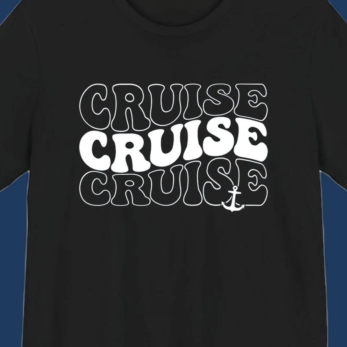 Bold white outlined 'CRUISE' text repeated three times with a white anchor icon on gray background, nautical cruise design.