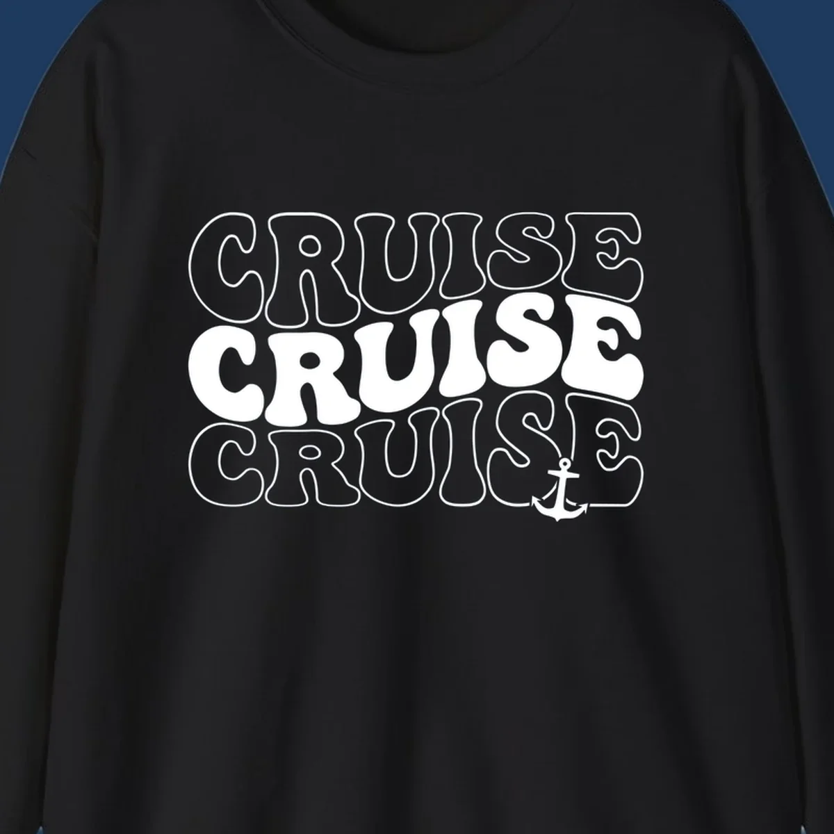 Bold white outlined 'CRUISE' text repeated three times with a white anchor icon on gray background, nautical cruise design.