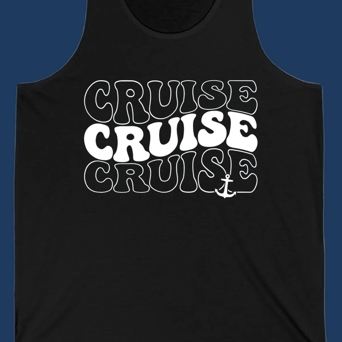 Bold white outlined 'CRUISE' text repeated three times with a white anchor icon on gray background, nautical cruise design.