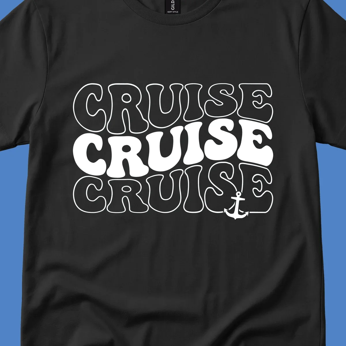 Bold white outlined 'CRUISE' text repeated three times with a white anchor icon on gray background, nautical cruise design.
