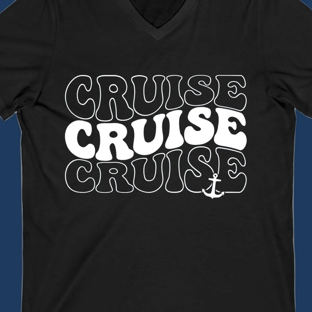 Bold white outlined 'CRUISE' text repeated three times with a white anchor icon on gray background, nautical cruise design.