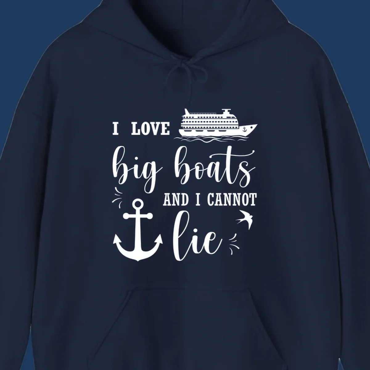 White nautical design with cruise ship, anchor, and waves illustrating 'I LOVE big boats AND I CANNOT lie' on gray background
