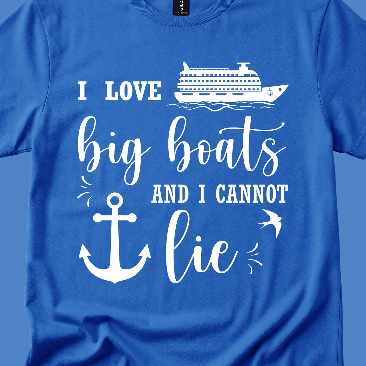 White nautical design with cruise ship, anchor, and waves illustrating 'I LOVE big boats AND I CANNOT lie' on gray background