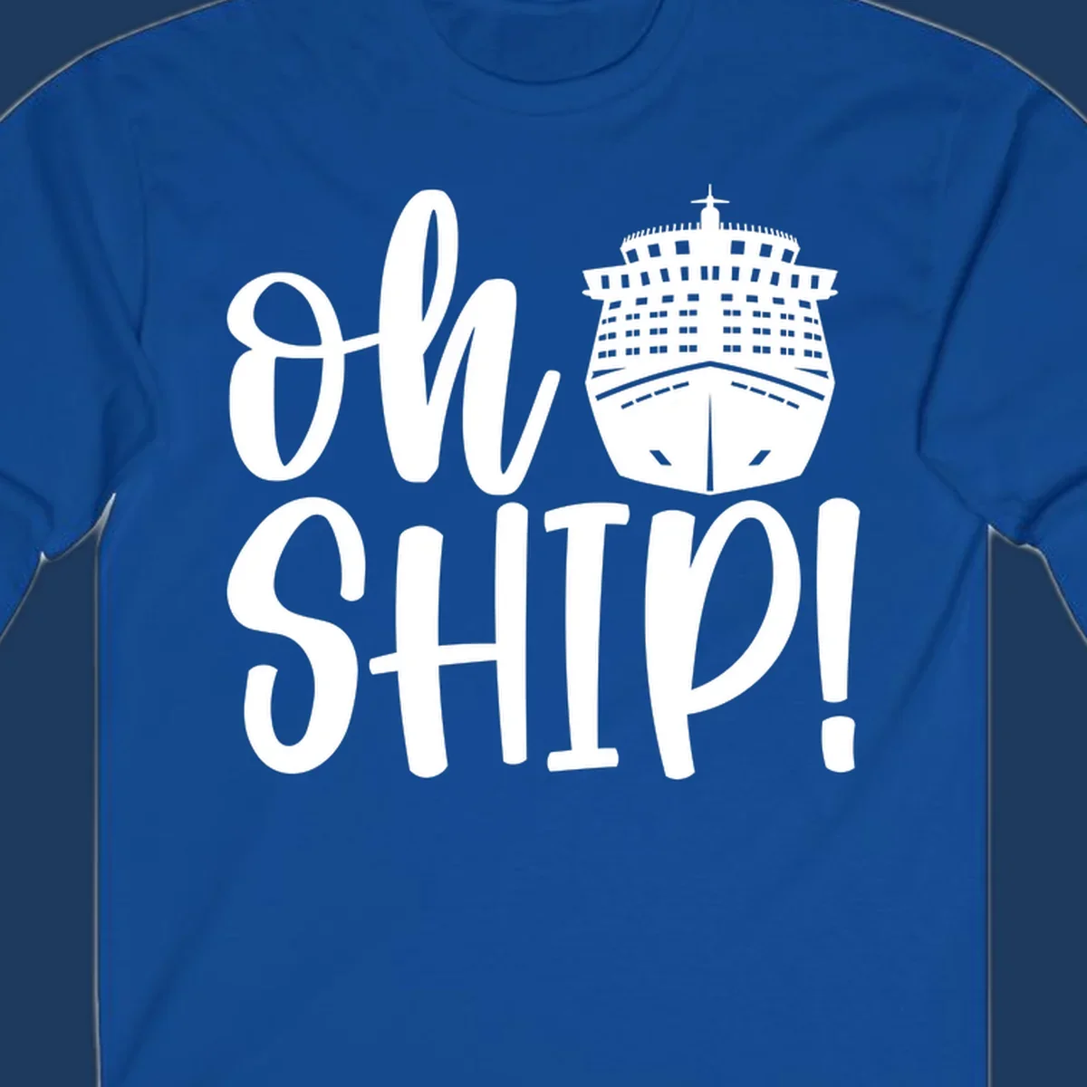 White ow ship cruise pun design featuring bold text and detailed cruise ship illustration on gray background