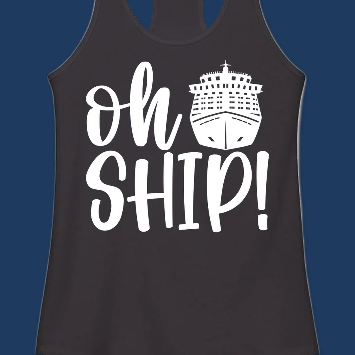 White ow ship cruise pun design featuring bold text and detailed cruise ship illustration on gray background