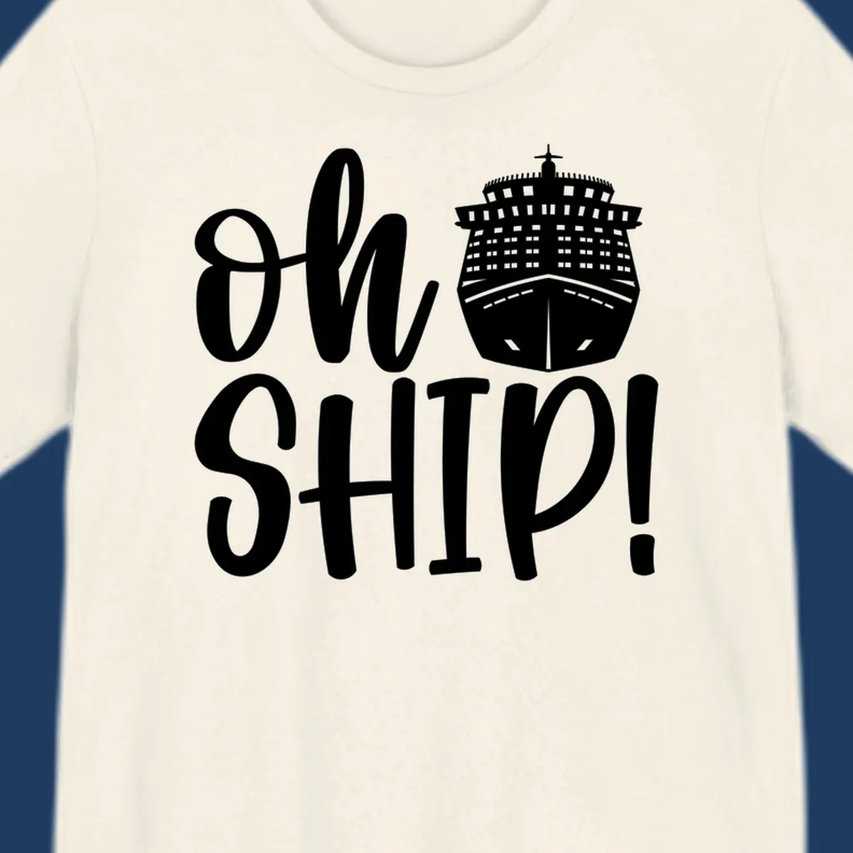 White ow ship cruise pun design featuring bold text and detailed cruise ship illustration on gray background