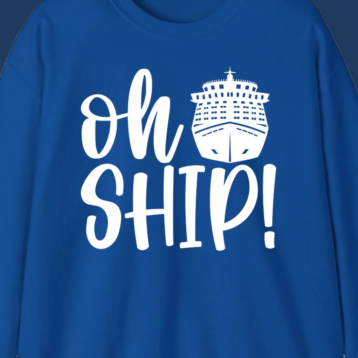 White ow ship cruise pun design featuring bold text and detailed cruise ship illustration on gray background