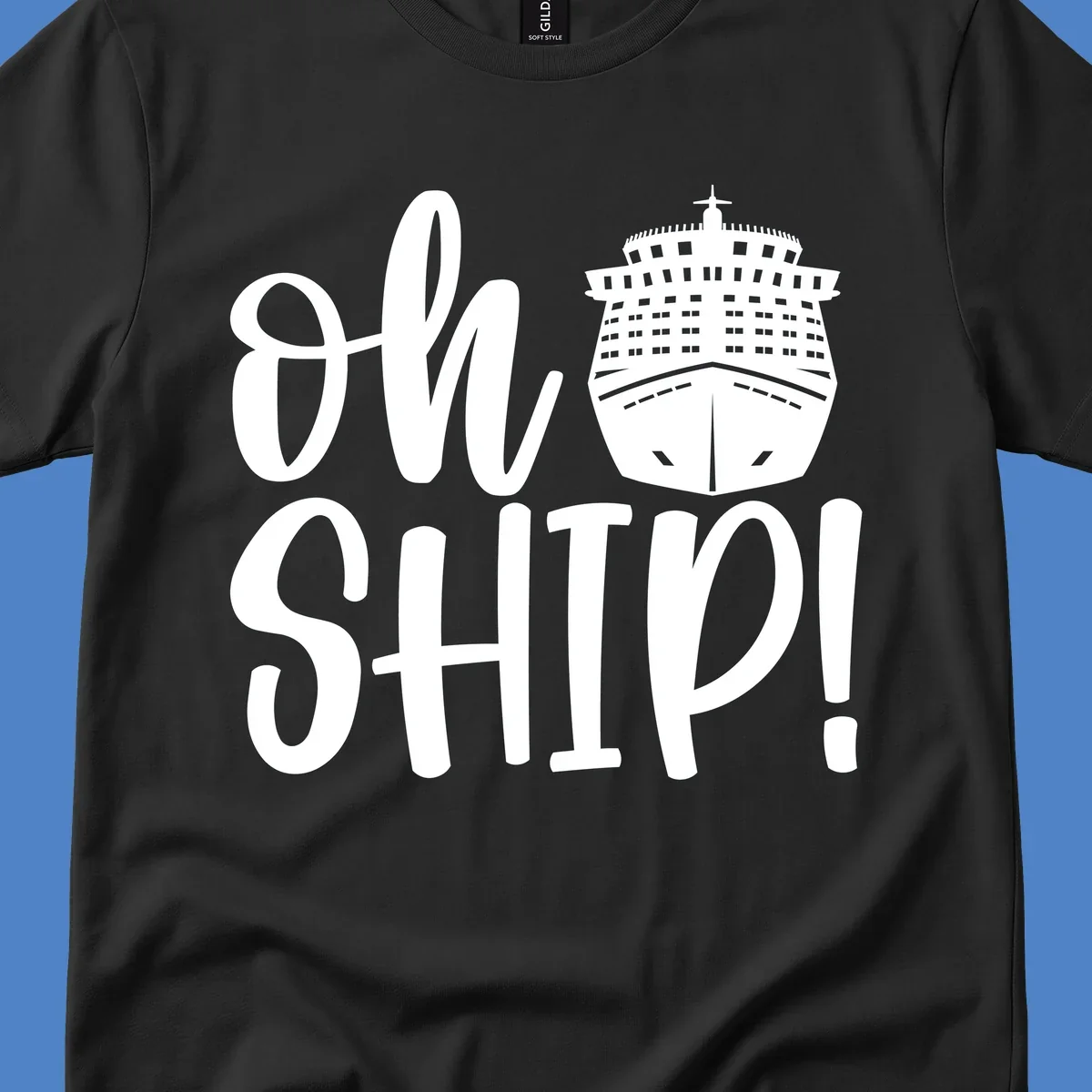 White ow ship cruise pun design featuring bold text and detailed cruise ship illustration on gray background