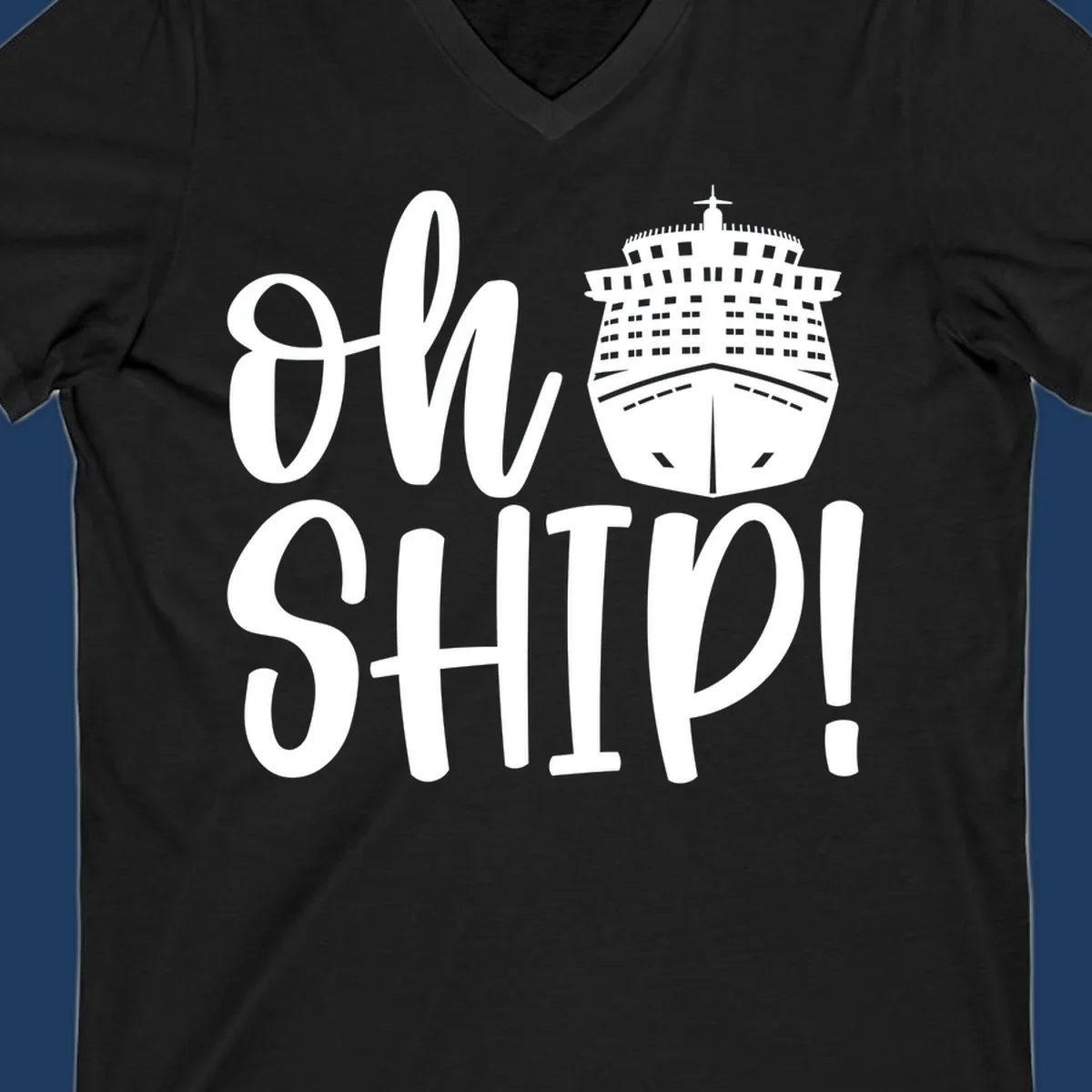 White ow ship cruise pun design featuring bold text and detailed cruise ship illustration on gray background
