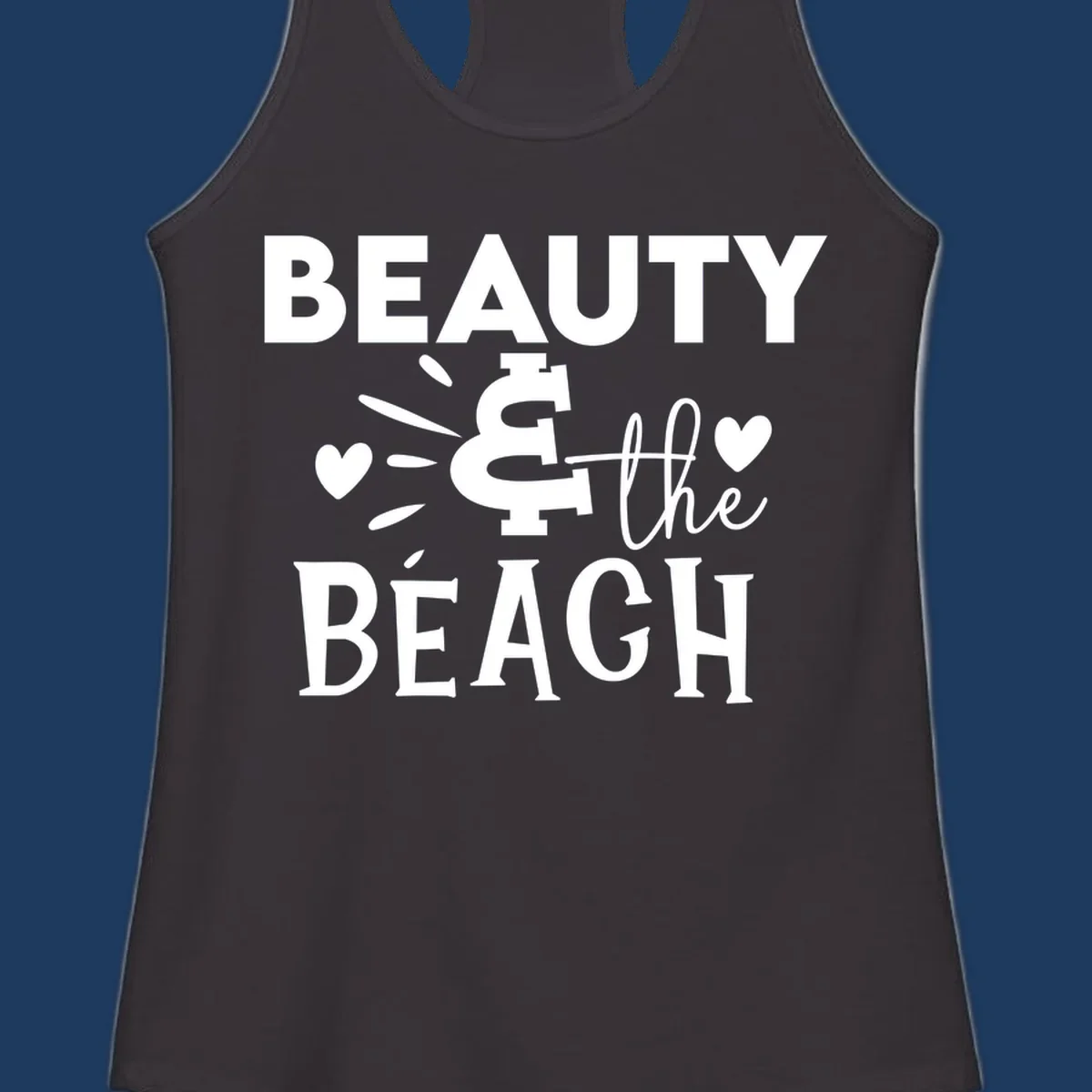 White text design reading 'Beauty & The Beach' with dollar sign symbol and heart decorations on gray background