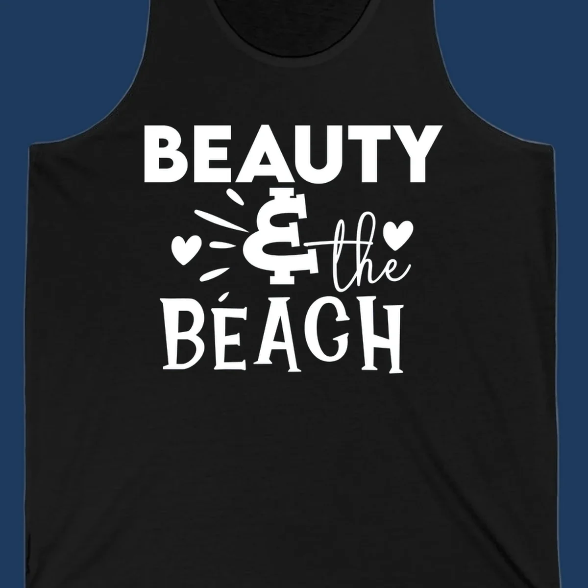 White text design reading 'Beauty & The Beach' with dollar sign symbol and heart decorations on gray background