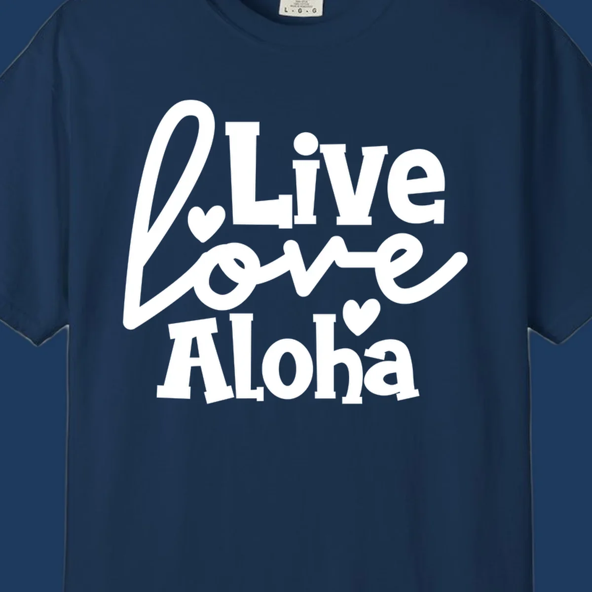 White decorative text reading "Live Love Aloha" with hearts on gray background, island-inspired cruise design