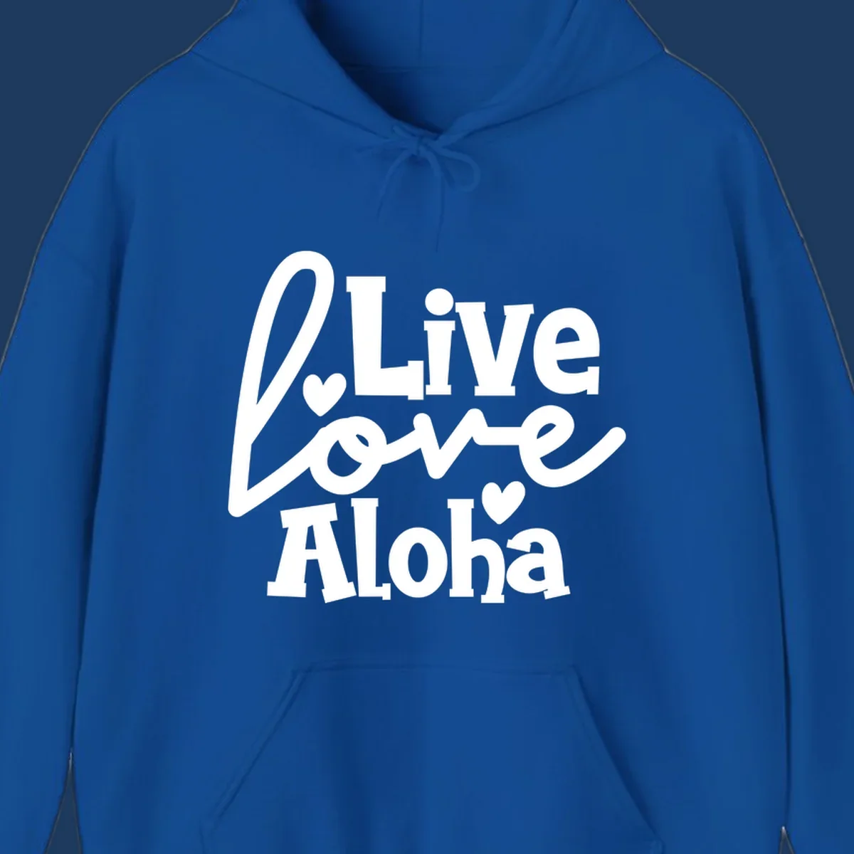 White decorative text reading "Live Love Aloha" with hearts on gray background, island-inspired cruise design