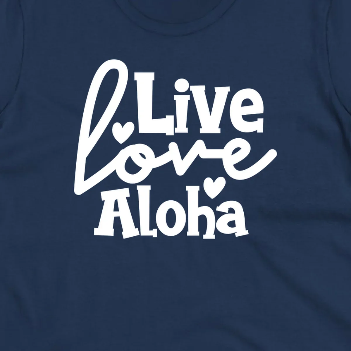 White decorative text reading "Live Love Aloha" with hearts on gray background, island-inspired cruise design