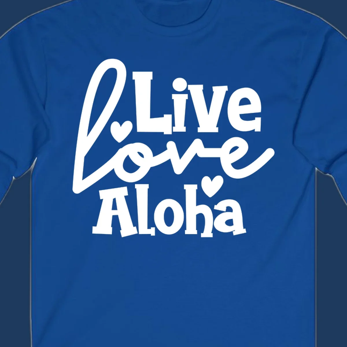 White decorative text reading "Live Love Aloha" with hearts on gray background, island-inspired cruise design