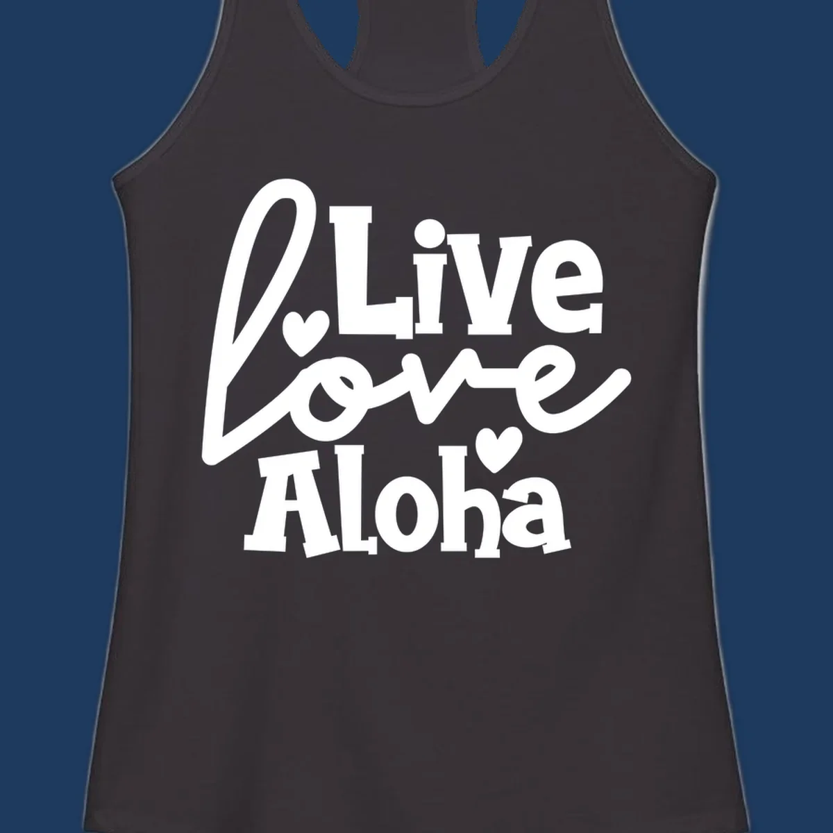 White decorative text reading "Live Love Aloha" with hearts on gray background, island-inspired cruise design