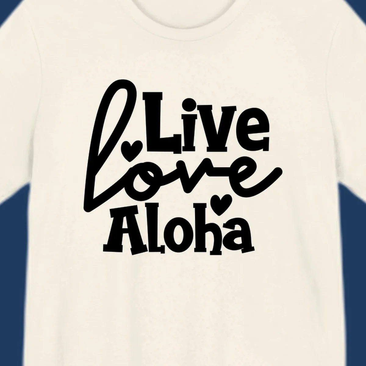 White decorative text reading "Live Love Aloha" with hearts on gray background, island-inspired cruise design