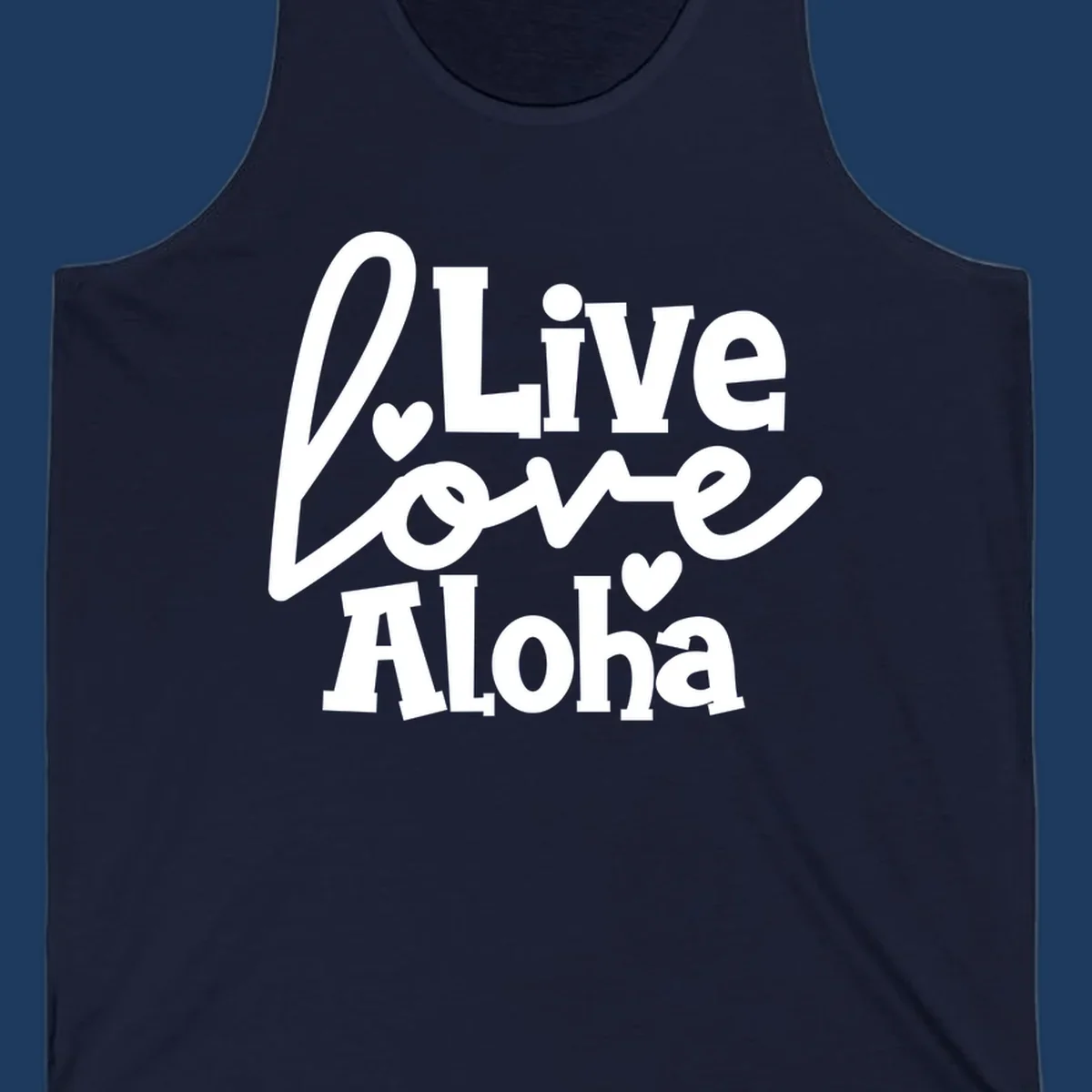 White decorative text reading "Live Love Aloha" with hearts on gray background, island-inspired cruise design
