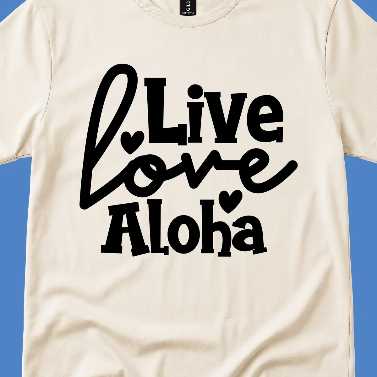 White decorative text reading "Live Love Aloha" with hearts on gray background, island-inspired cruise design