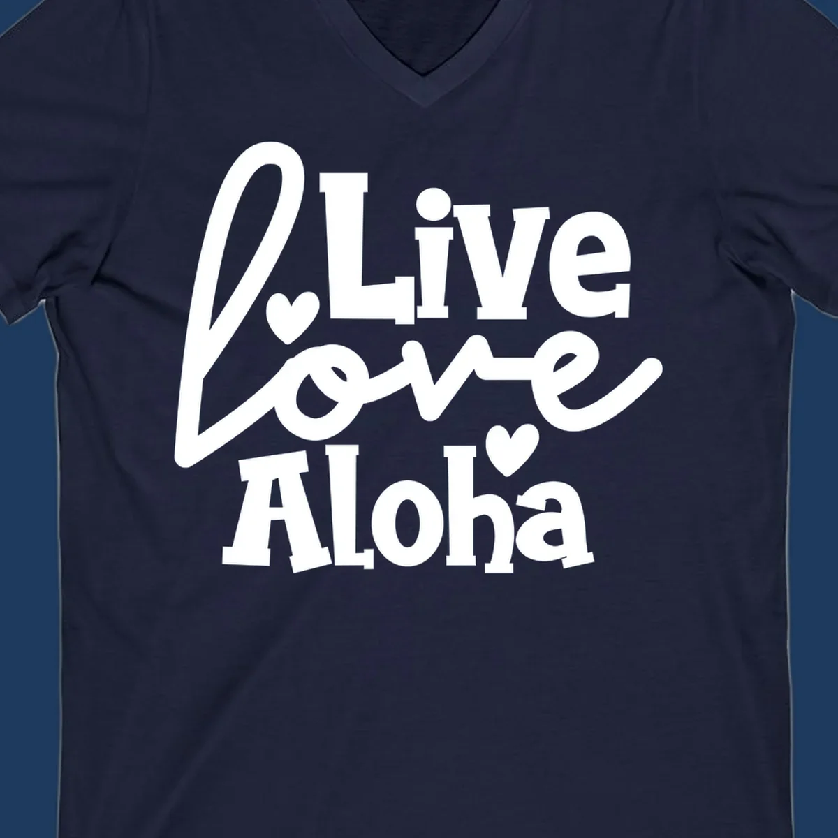 White decorative text reading "Live Love Aloha" with hearts on gray background, island-inspired cruise design