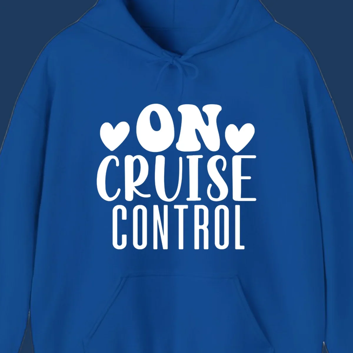 White text reading 'ON CRUISE CONTROL' with heart decorations on gray background, playful cruise vacation design