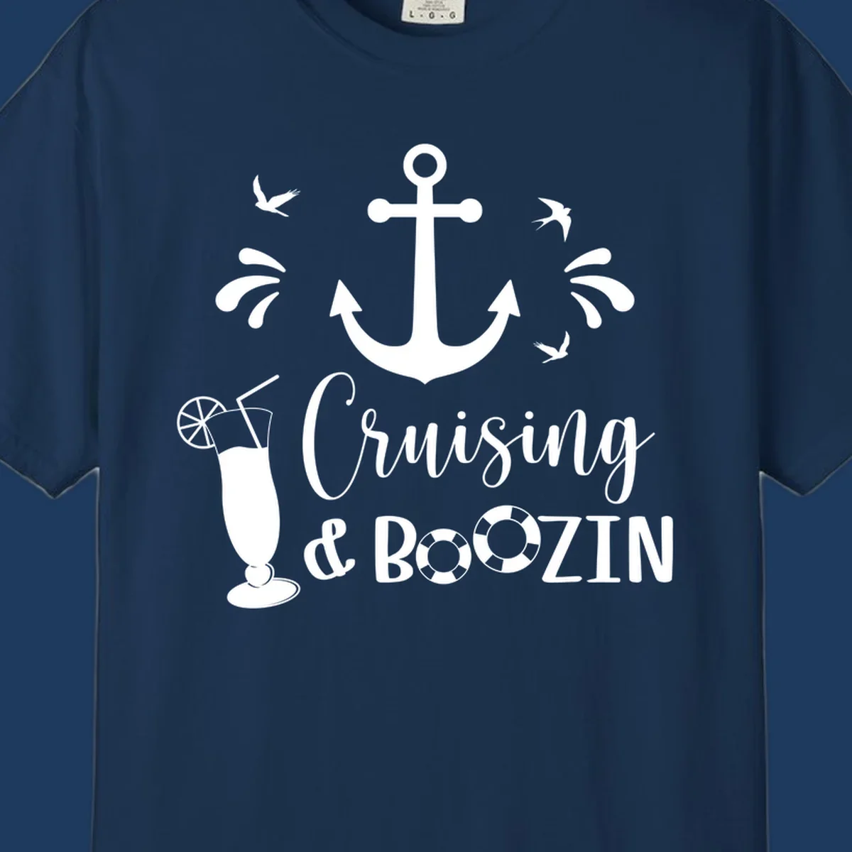 Cruising and boozin anchor design with nautical elements, cocktail, and seabirds on gray background