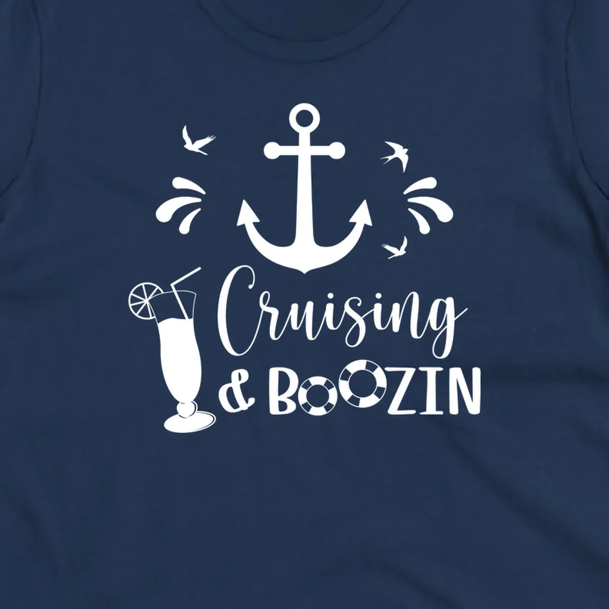Cruising and boozin anchor design with nautical elements, cocktail, and seabirds on gray background