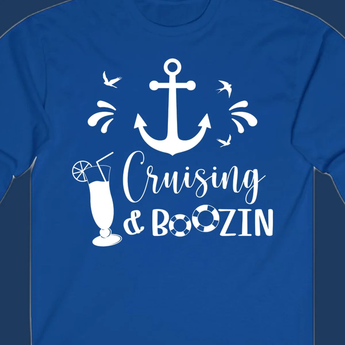 Cruising and boozin anchor design with nautical elements, cocktail, and seabirds on gray background