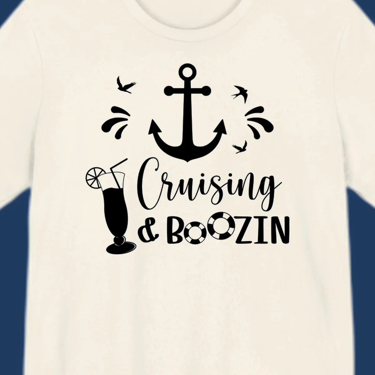 Cruising and boozin anchor design with nautical elements, cocktail, and seabirds on gray background