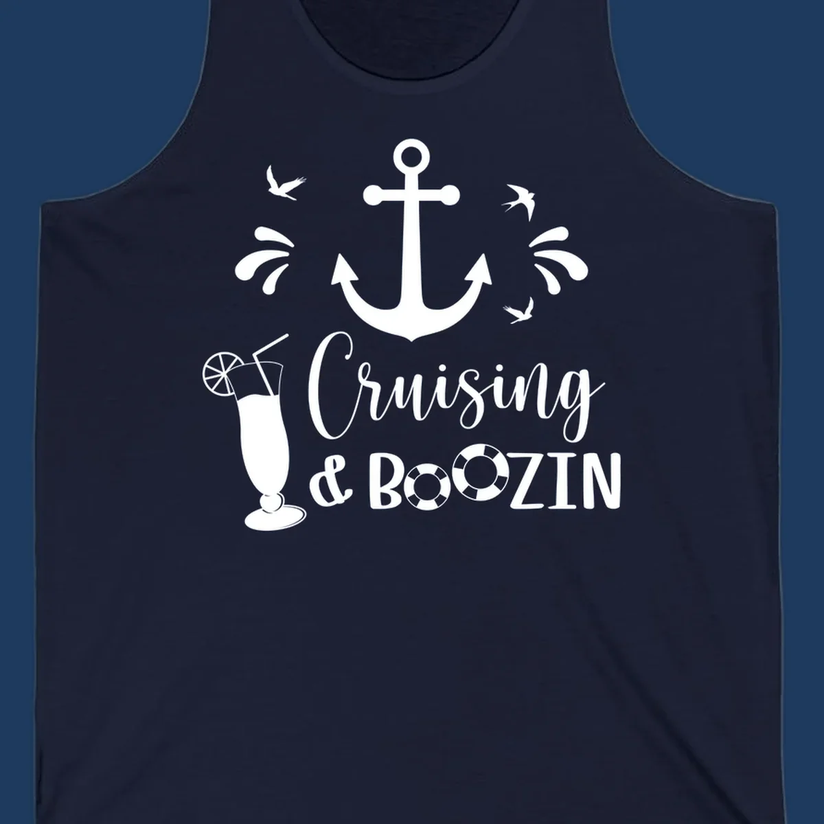 Cruising and boozin anchor design with nautical elements, cocktail, and seabirds on gray background