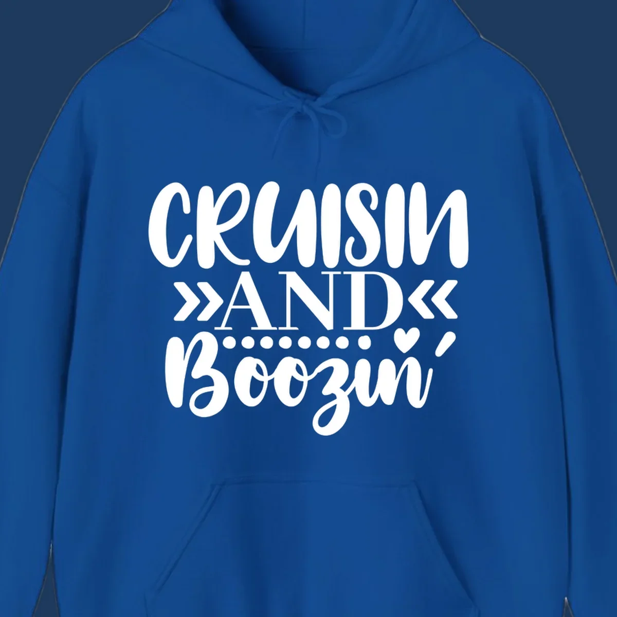 White text on gray background reading 'CRUISIN' AND BOOZING' with decorative chevron arrows and heart symbol