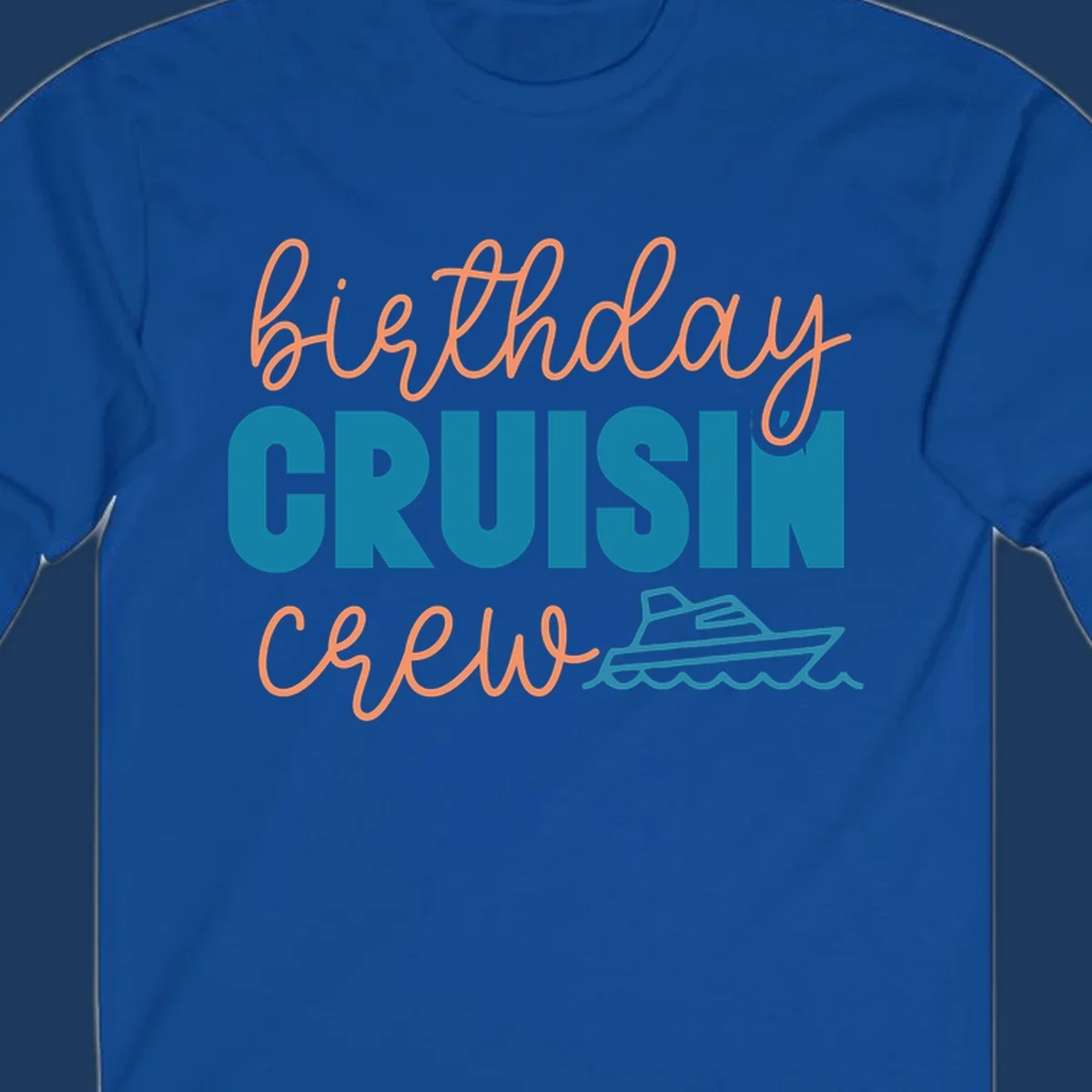 Birthday crushin crew design with coral script text, teal ship illustration, and ocean waves on gray background