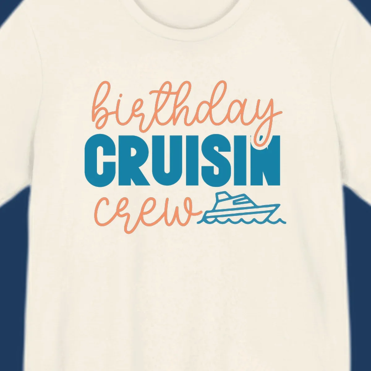 Birthday crushin crew design with coral script text, teal ship illustration, and ocean waves on gray background