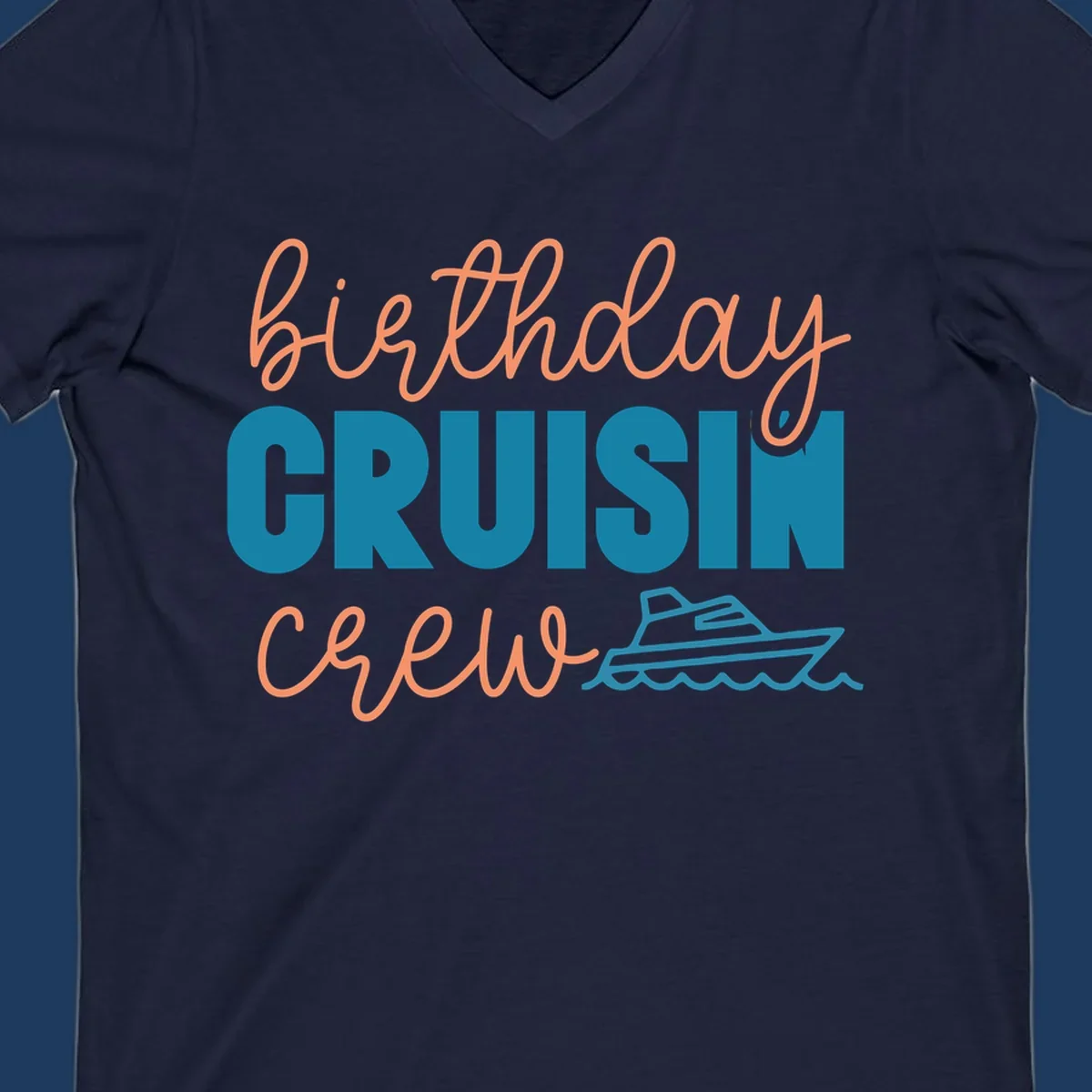 Birthday crushin crew design with coral script text, teal ship illustration, and ocean waves on gray background