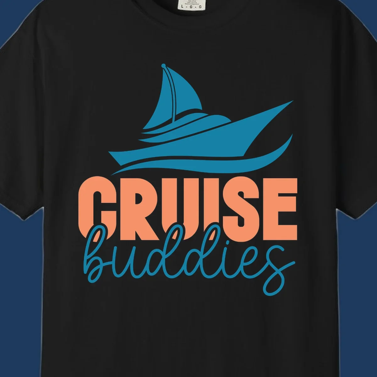 Teal cruise ship with wave details above coral and teal 'CRUISE buddies' text design