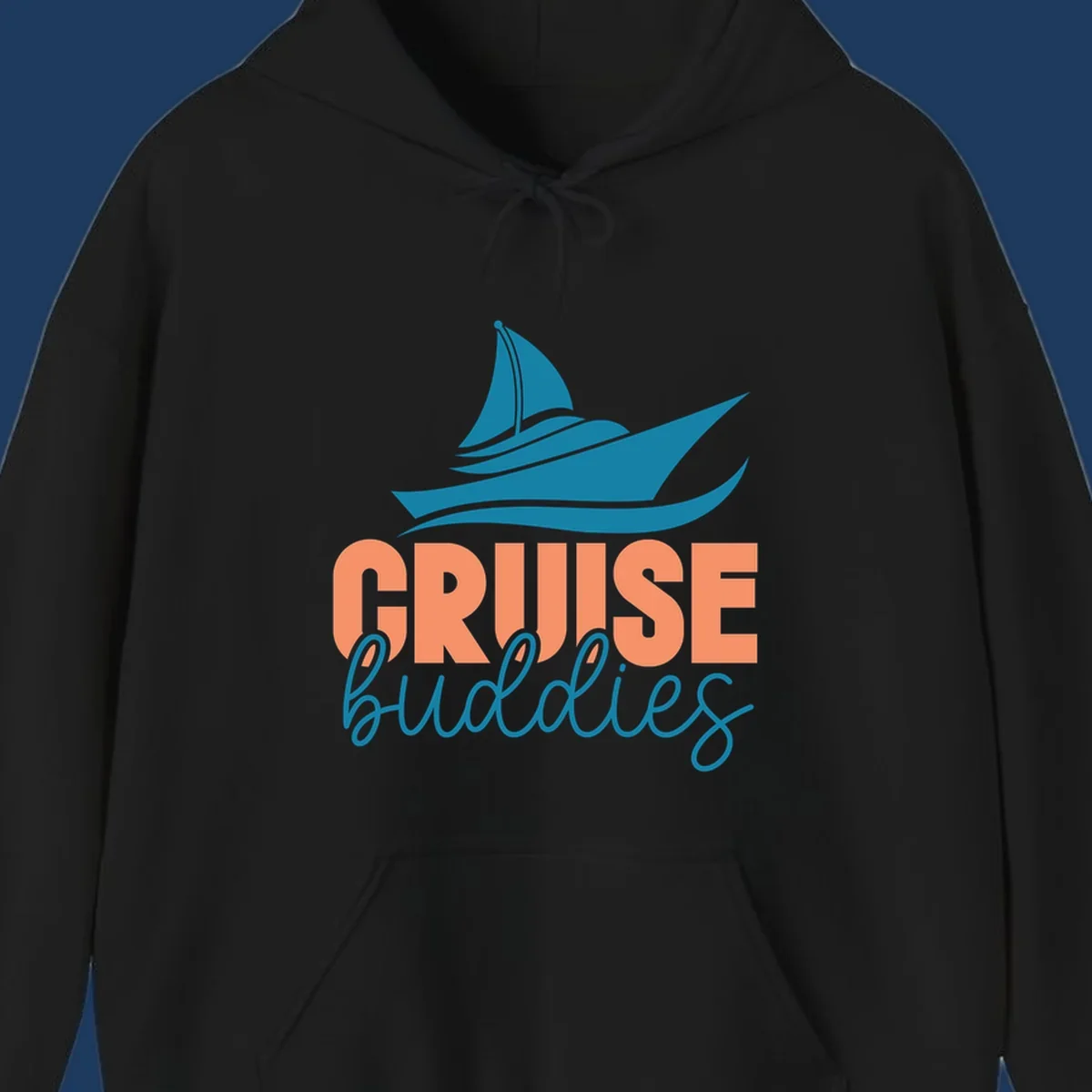Teal cruise ship with wave details above coral and teal 'CRUISE buddies' text design