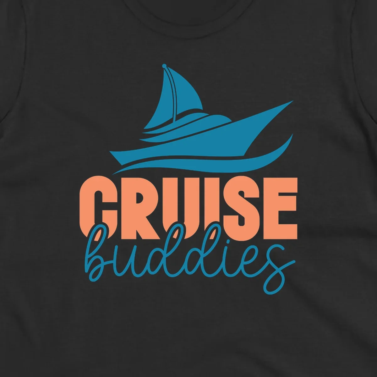 Teal cruise ship with wave details above coral and teal 'CRUISE buddies' text design