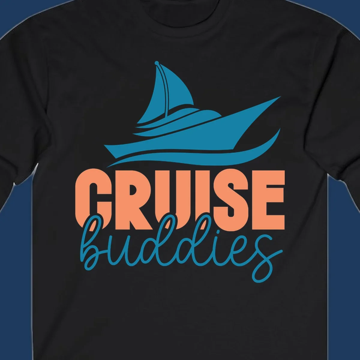 Teal cruise ship with wave details above coral and teal 'CRUISE buddies' text design