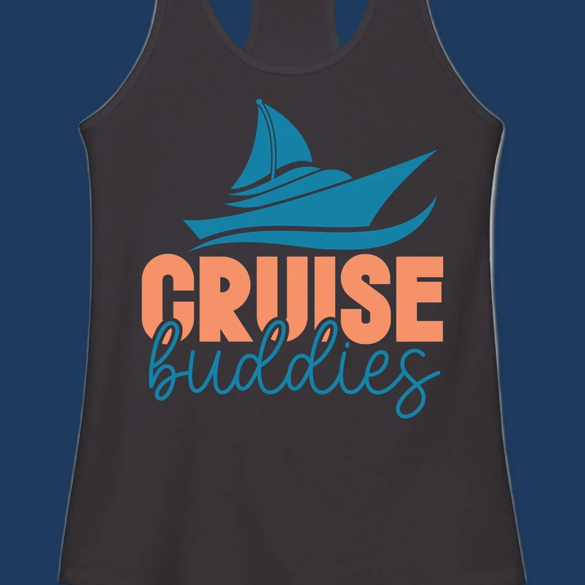 Teal cruise ship with wave details above coral and teal 'CRUISE buddies' text design