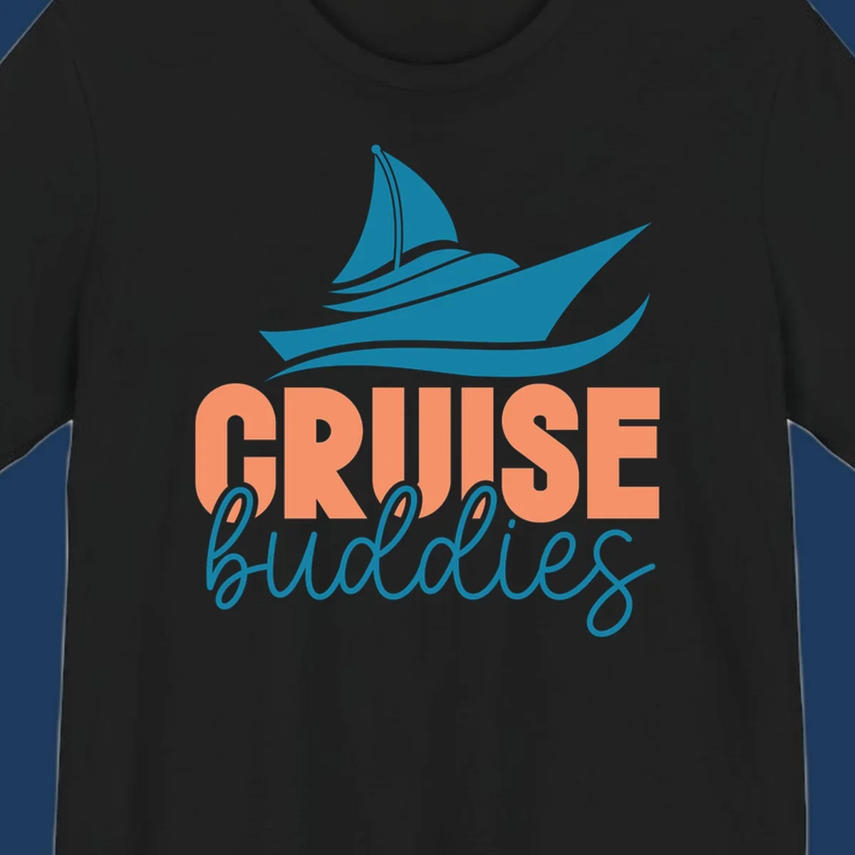 Teal cruise ship with wave details above coral and teal 'CRUISE buddies' text design