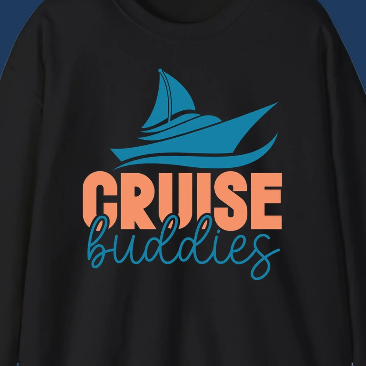 Teal cruise ship with wave details above coral and teal 'CRUISE buddies' text design