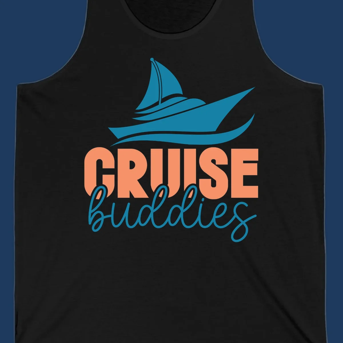 Teal cruise ship with wave details above coral and teal 'CRUISE buddies' text design