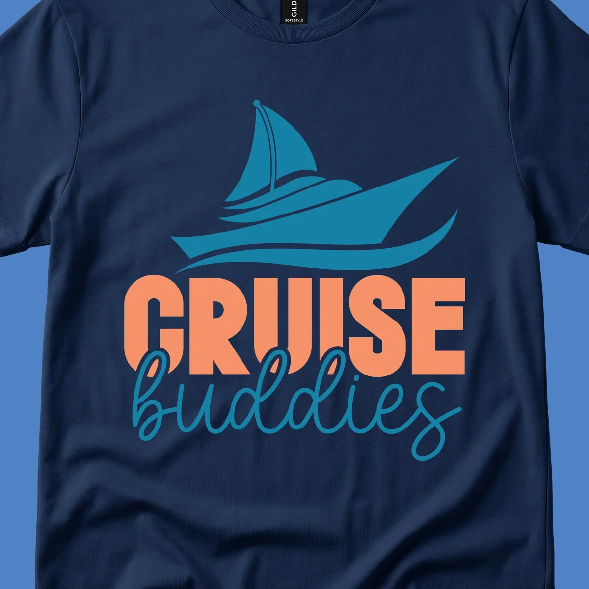 Teal cruise ship with wave details above coral and teal 'CRUISE buddies' text design