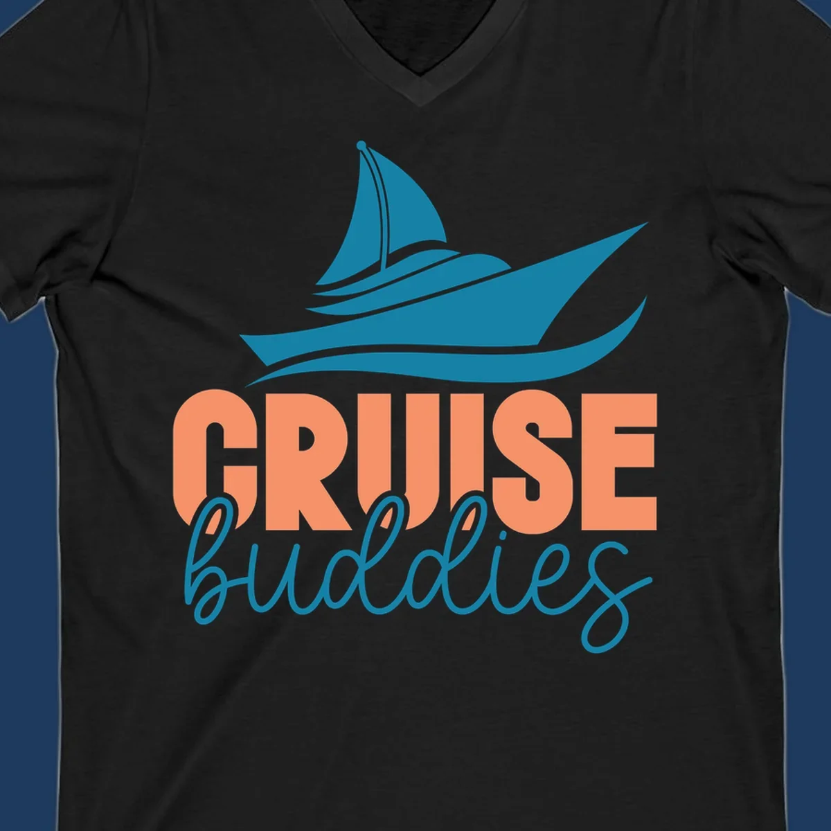 Teal cruise ship with wave details above coral and teal 'CRUISE buddies' text design