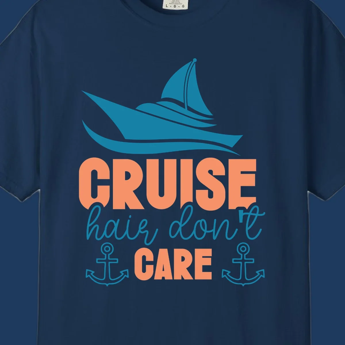 Teal sailboat and waves above coral text reading 'CRUISE hair, don't CARE' with anchor designs