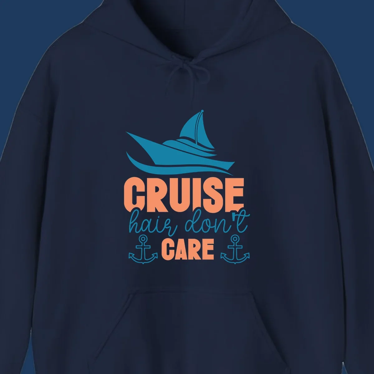 Teal sailboat and waves above coral text reading 'CRUISE hair, don't CARE' with anchor designs
