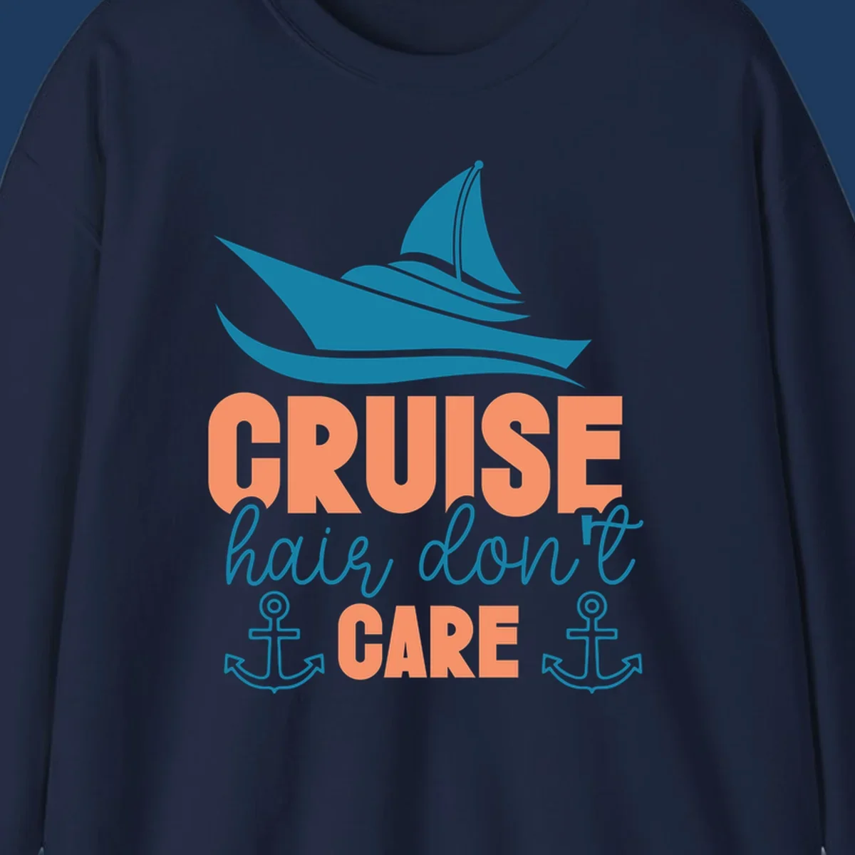 Teal sailboat and waves above coral text reading 'CRUISE hair, don't CARE' with anchor designs